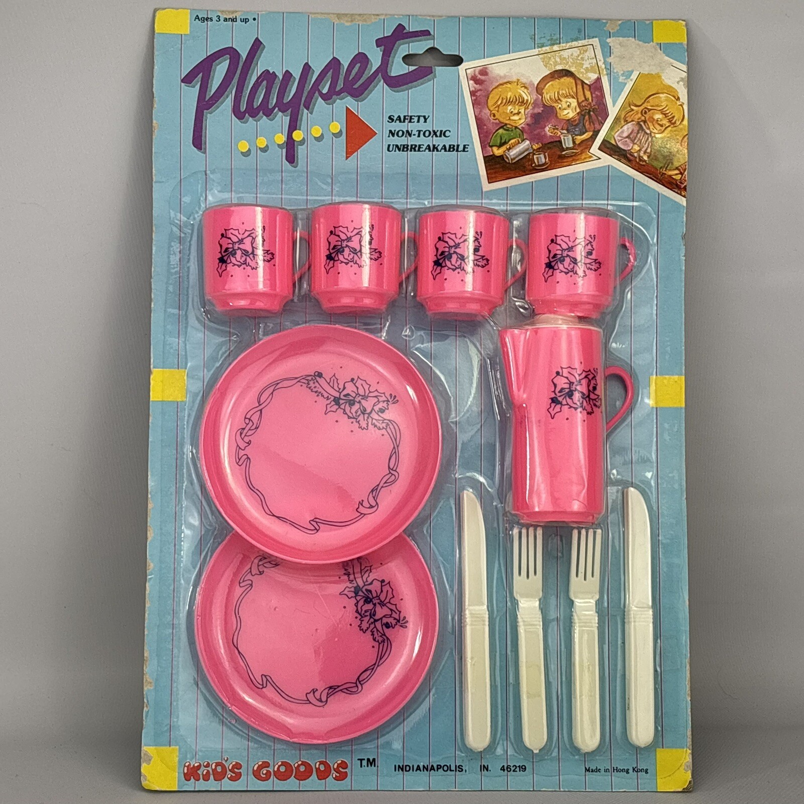 Vtg NOS Kids Goods Playset Toy Dishes 1990s Pink Wreath 11 PCs Collectible Prop