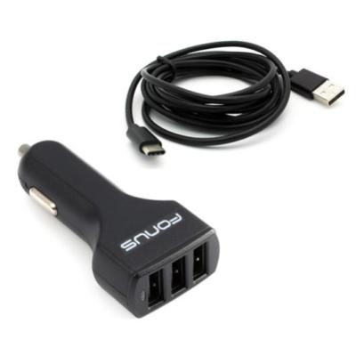 36W 4.8AMP 3-PORT USB CAR SMART CHARGER 6FT LONG TYPE-C USB-C CABLE CORD WIRE