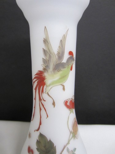 Antique Victorian White Satin BRISTOL GLASS Slender Vase Red Asian Rooster Flora - Picture 7 of 9