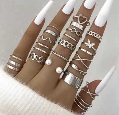 Damenringe 22-teiliges Set Silberlegierung verstellbar Mode Boho UK Geschenk Schmuck 