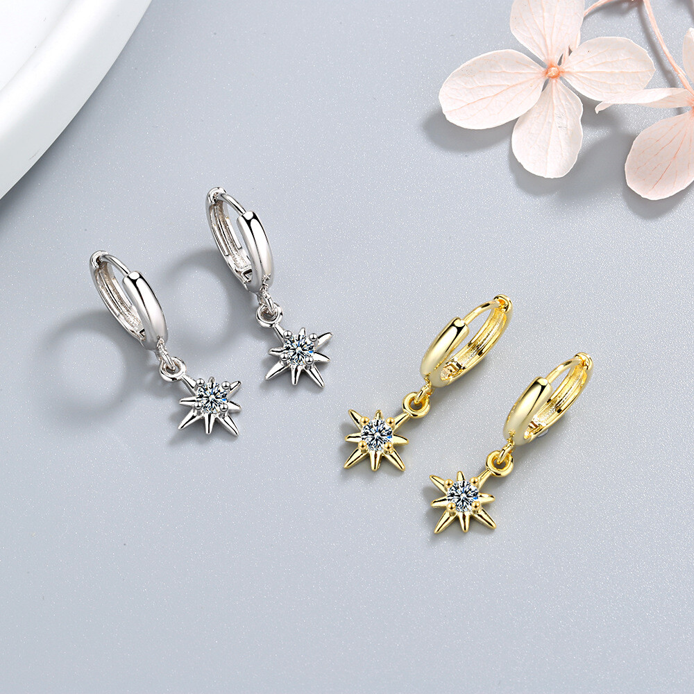Women 925 Sterling Silver crystal star dangle stud earrings hoop huggie jewelry