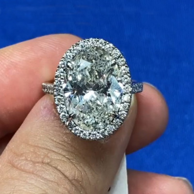 3.48Ctw Oval Moissanite Halo 3/4 Eternity Engagement Ring 14K White Gold Plated