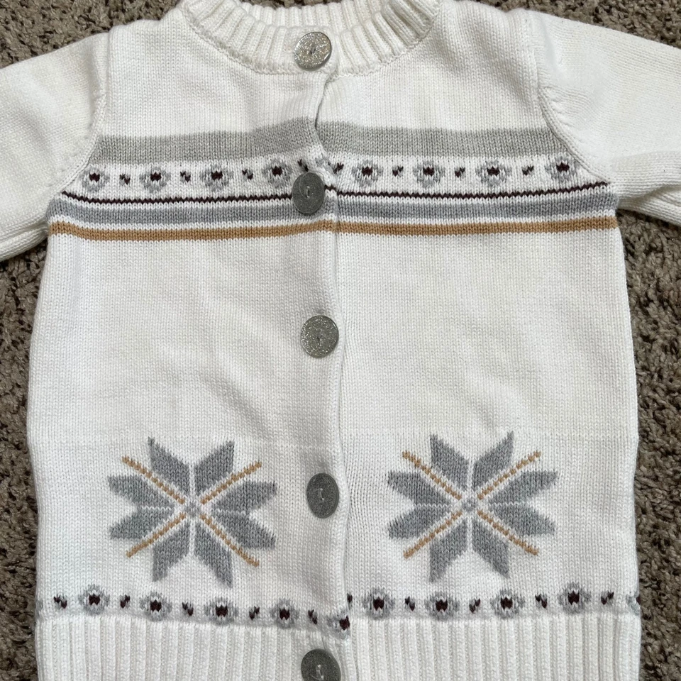 Gymboree Kids Sweater Cardigan S 5-6 White Snowflake Fair Isle Knit Cotton - Image 2 of 4