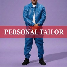 Men's 100 Genuine Soft Real Lambskin Leather TrackSuit Sweatsuit Blue 