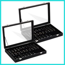 2 Pcs 100 Slots Ring Organizer Box with Transparent Glass Lid Necklace Displa...