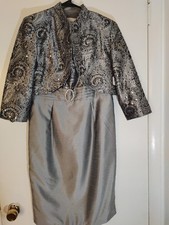 Davids Bridal Silver Gray 2 Pc Mother of the Bride Sequin Jacket Dress Sz 8