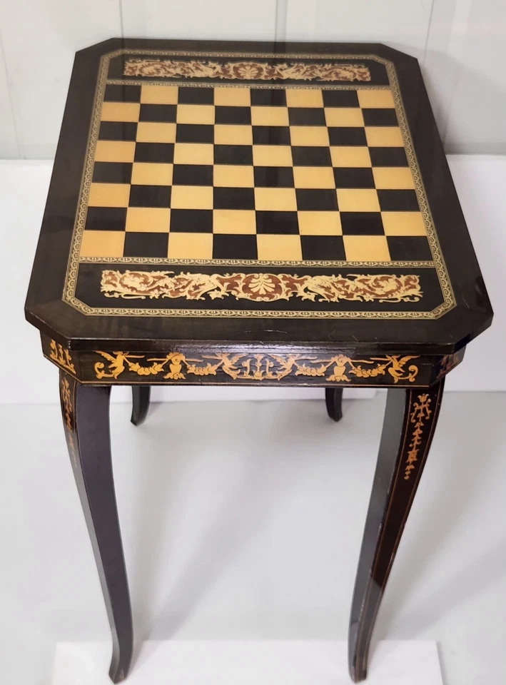 Antique Asian Import Lacquer Chinoiserie Chess Checkers Game Music Box Table - Image 4 of 4