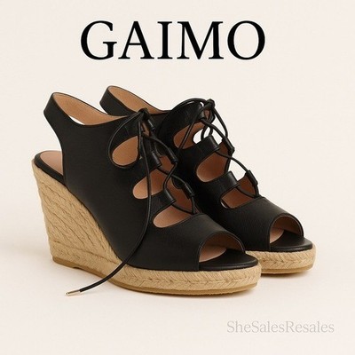 Gaimo Gossip Black Leather Lace-Up Wedge Espadrilles Jute Heel Size 7.5M