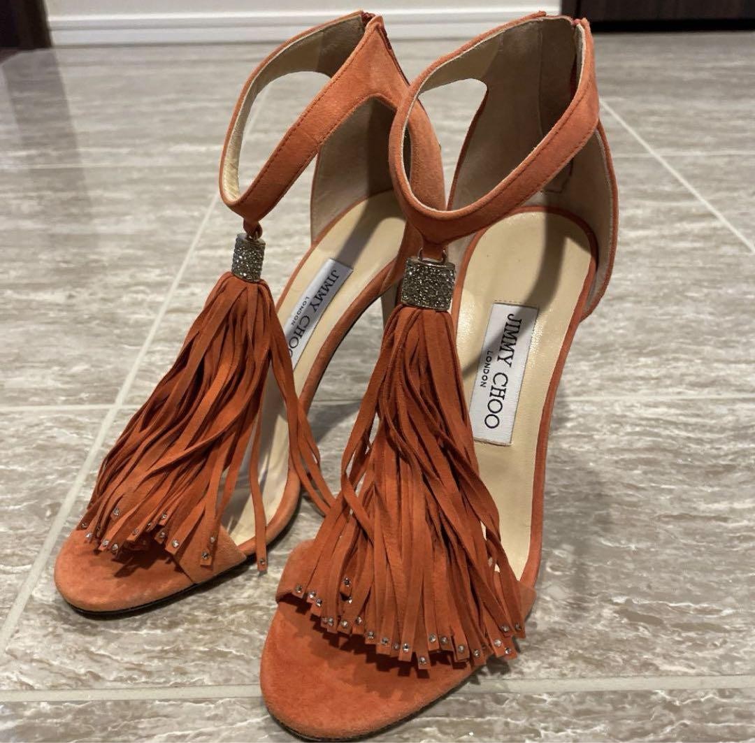 Jimmy Choo Mules Sandals Heel Fringe Suede Orange EU37 US6.5