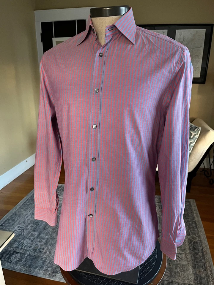 Brunello Cucinelli Custom-made 15.5" x 33" Trim Fit Pink Blue Stripe L/S Shirt - Image 2 of 4