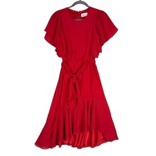 Eliza J Dress Womens 2P Red Flutter Sleeve Hi Low Fit & Flare Belted Chiffon