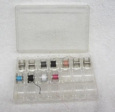 Vintage 11 Metal 7 Hole Bobbins In Box with Clear Plastic Case