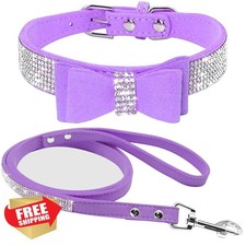 Haoyueer XS Purple Bling Rhinestone Dog Collar Leash Combo Suede