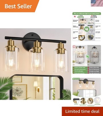Elegant 3-Light Black and Gold Bathroom Fixtures with Glass Shades - Modern Glow
