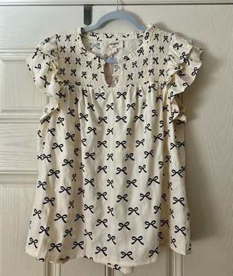 Umgee Beige w/ Black Bows Smocked Yoke w/ Short Flutter Sleeved Blouse