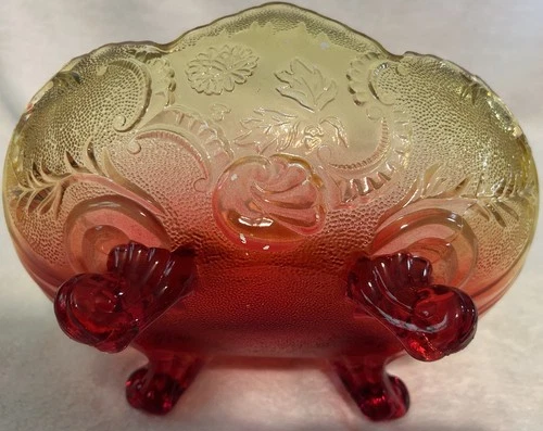 Vintage Jeanette Carnival Glass Lombardi Red Yellow Iridescent Footed Fruit Bowl