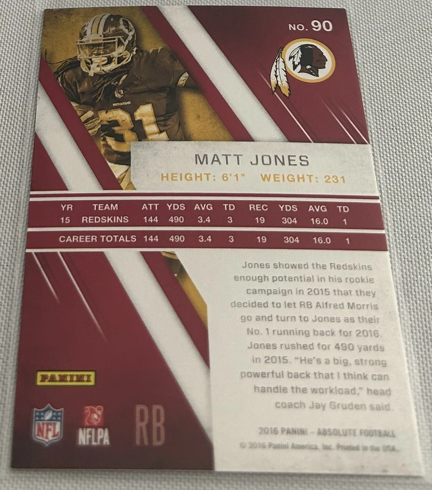 2016 Panini Absolute Football Matt Jones Washington Redskins base card #90 - Image 2 of 2