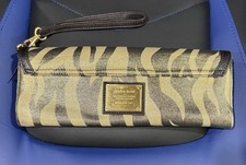 CHARLES DAVID WRISTLET CLUTCH ELENA COATED CANVAS & LEATHER GOLD BROWN ZEBRA