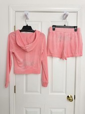 Juicy Couture Flamingo Pink Velour Rhinestone Tracksuit Set Hoodie and Shorts M