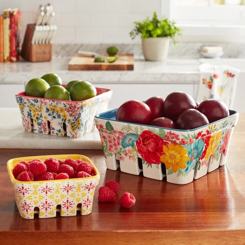 Fancy Flourish Ceramic Fruit Basket Set 3-Piece Rustic Storage Baskets New - Image 3 of 4