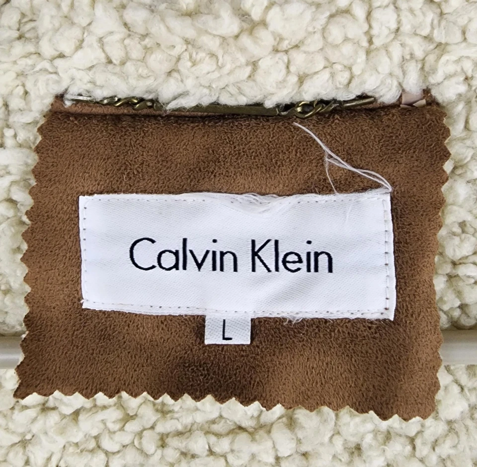 Chaqueta Calvin Klein Mujer Grande Marrón Imitación Gamuza Sherpa Forrada Abrigo Chal Cuello Foto 3 de 4