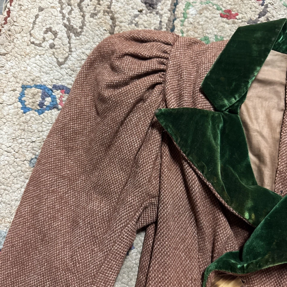 Antique Victorian Brown Tweed Wool & Green Velvet Bodice Dress Blouse Vintage - Image 4 of 4
