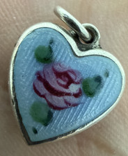 Vintage Sterling Light Blue Guilloche Small Puffy Heart Charm Rose Engraved ECR