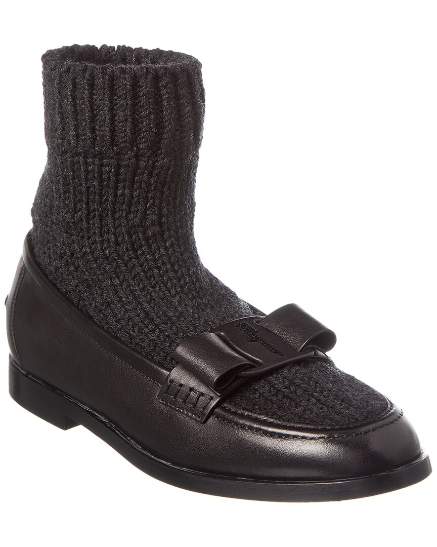 Ferragamo Vivaldo Knit - Leather Loafer Womens Black 75C 61690₽