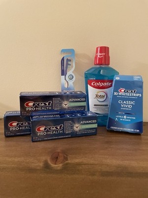NEW! Crest & Colgate Oral Care Bundle - Whitening Strips, Toothpaste, Mouthwash