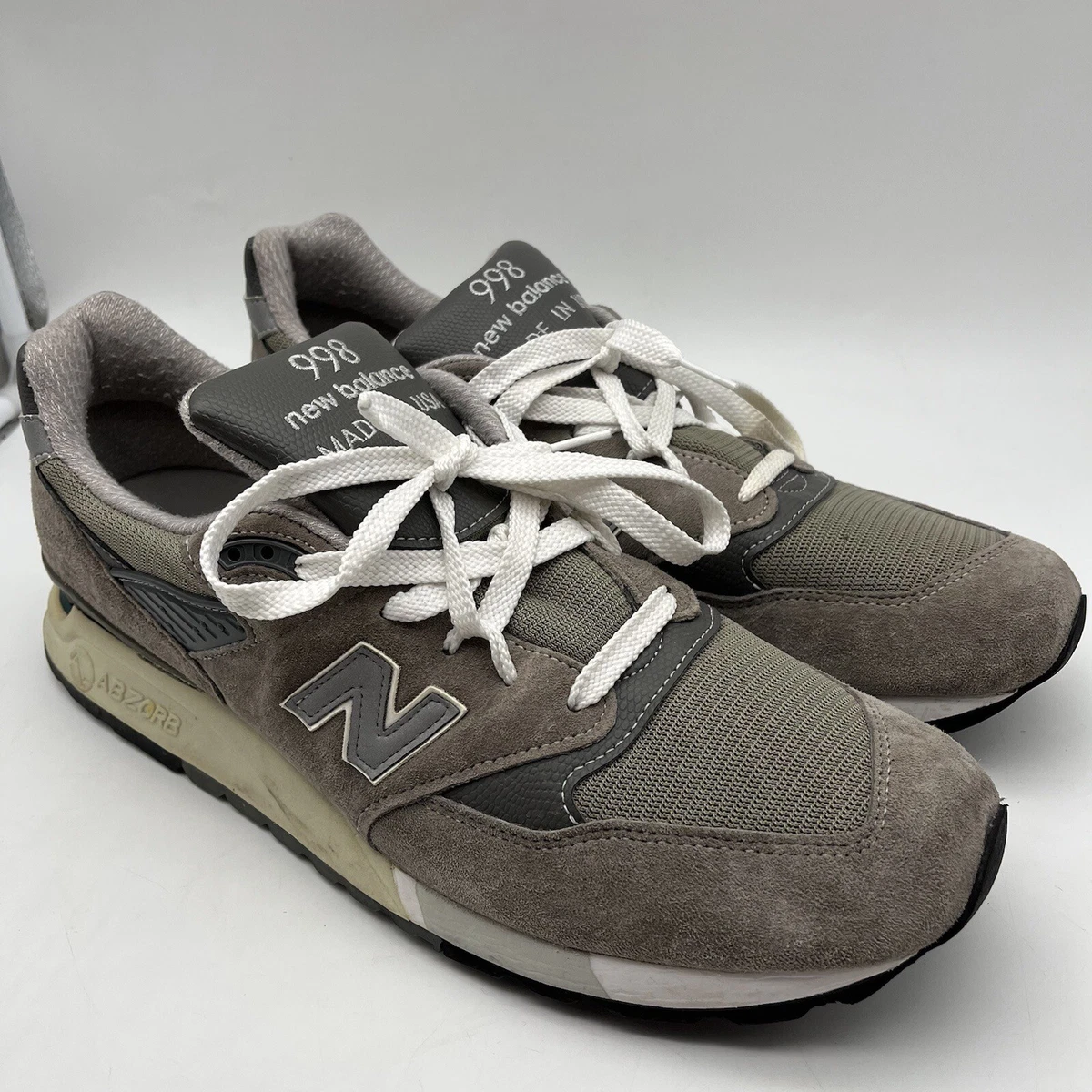 NEW BALANCE 998 SIZE 14 B WHITE GREY OLIVE MADE IN USA SUEDE M998  