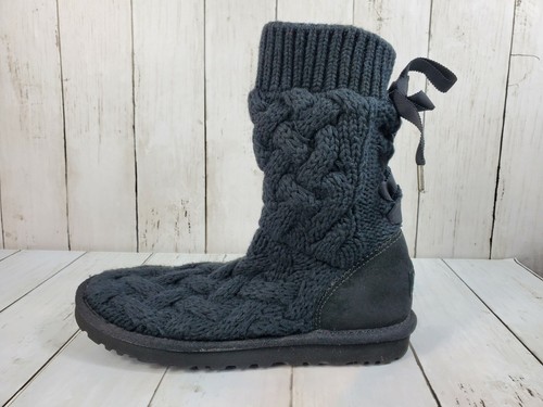 UGG Australia Isla Knit Boots Cable Sweater Lace Up Womens Size 7 Black 1008840 - Picture 3 of 9