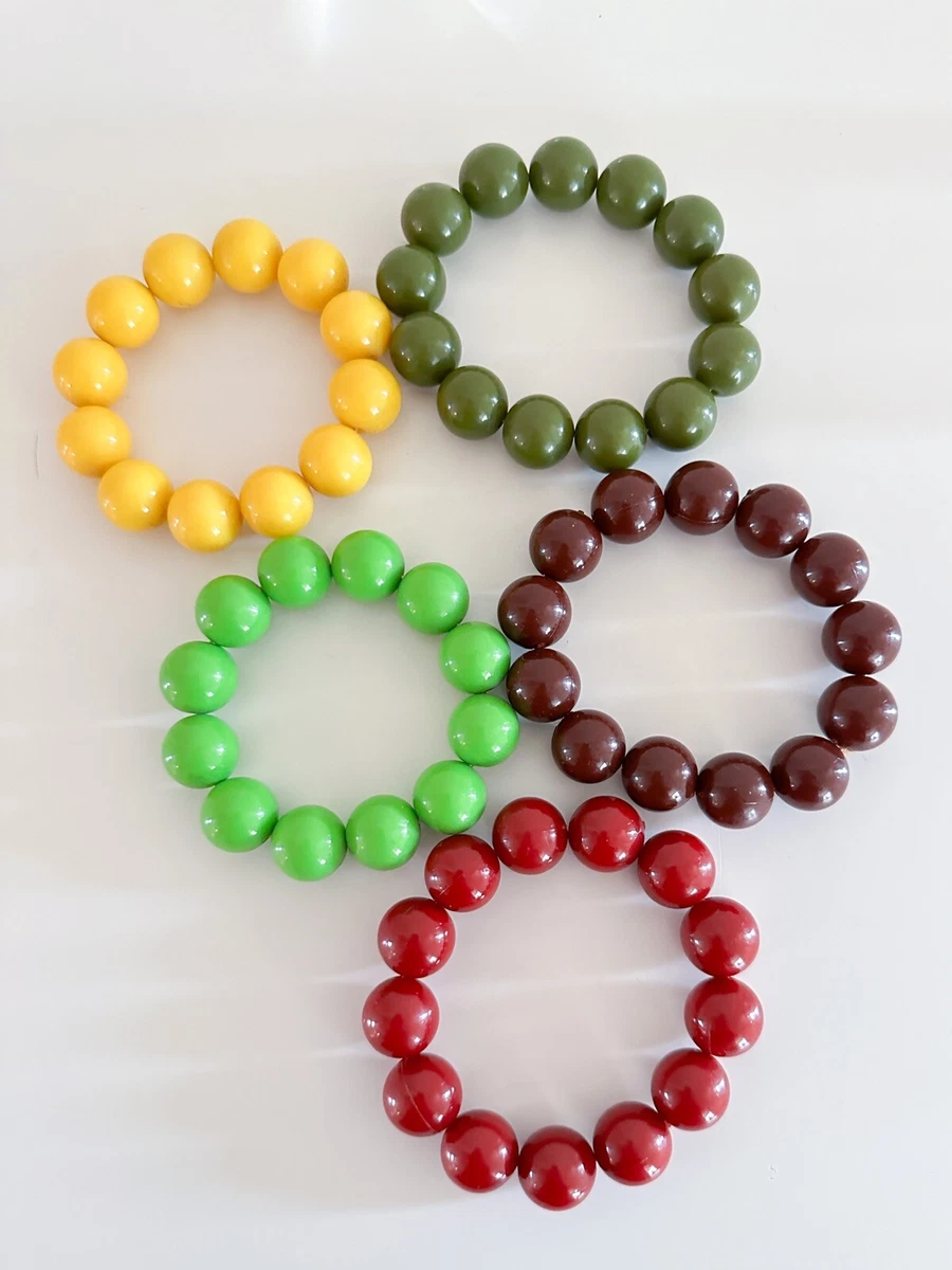 5 Vintage Hard Plastic Bead Stretch Bracelets Brown Green Burgundy Yellow