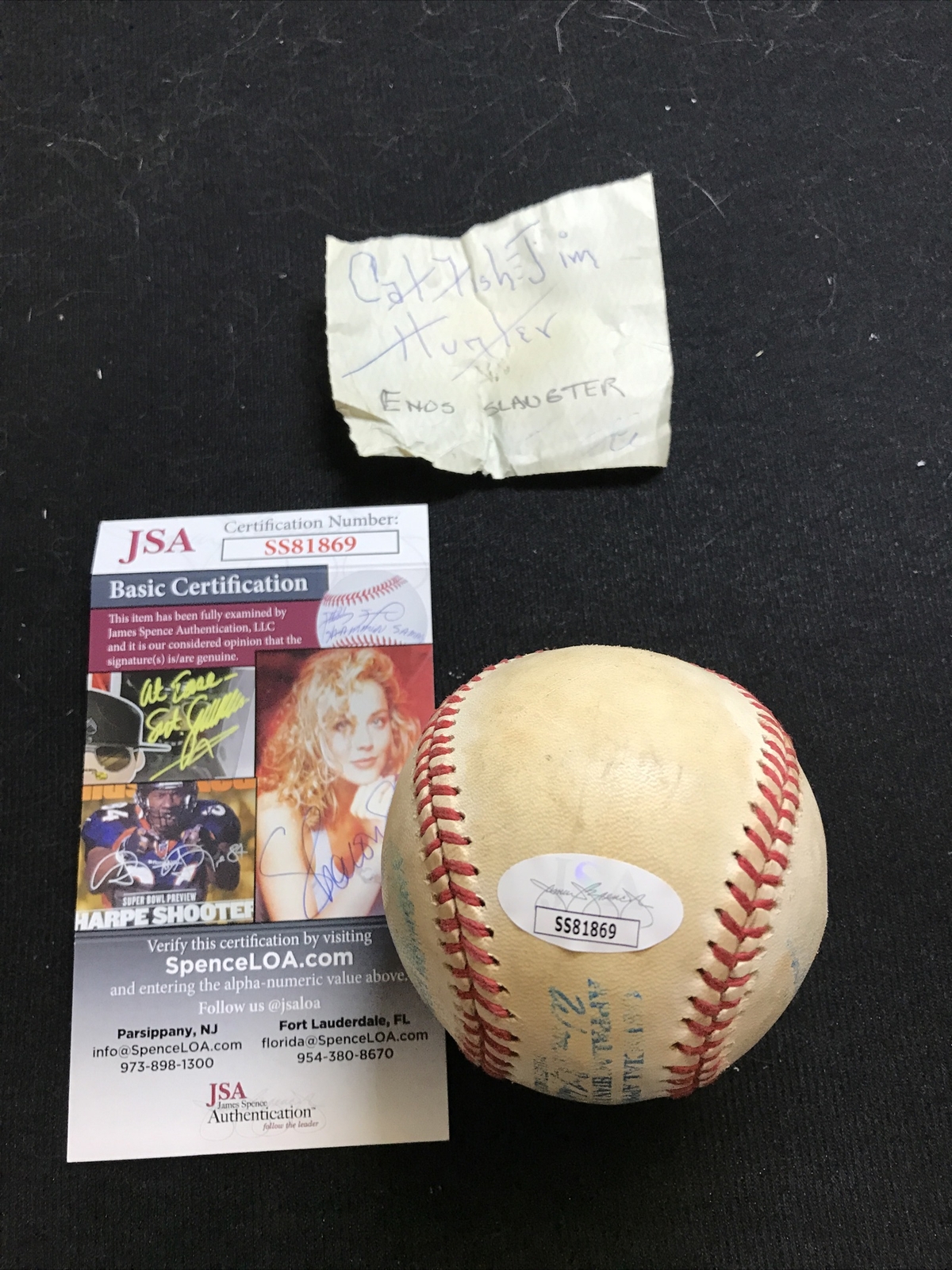 J. Catfish Hunter “HOF / E. Slaughter Signed Official MLB Baseball JSA