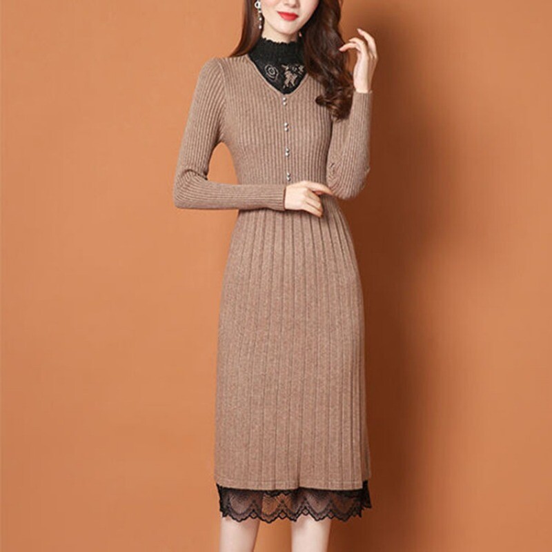 Lady Knitted Dress Midi Mock Neck Sweater Dress Lace Trim Warm Pullover Dress | eBay Lady Knitted Dress Midi Mock Neck Sweater Dress Lace Trim Warm Pullover Dress | eBay
