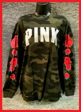 Victoria's Secret Pink Camo Campus LS Tee Shirt Green Camo Red Roses S M L NIP