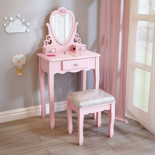 Kids Wooden Dressing Table & Stool Set with Drawers & Mirror Gift White/Pink - Picture 23 of 31