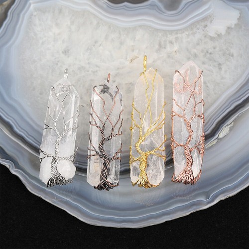 1 pièce pendentif pointe quartz transparent arbre de vie fil enveloppé cuivre cristal - Photo 1/11