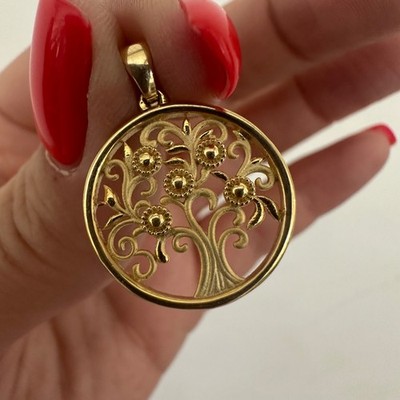 Eleganter 14K massiver Gelbgold Lebensbaum Kreis Anhänger 22mm 2,0g feiner Schmuck