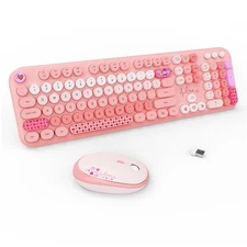 Wireless Keyboard and Mouse Combo - 2.4G Full-Sized Cute Colorful Retro Keybo...