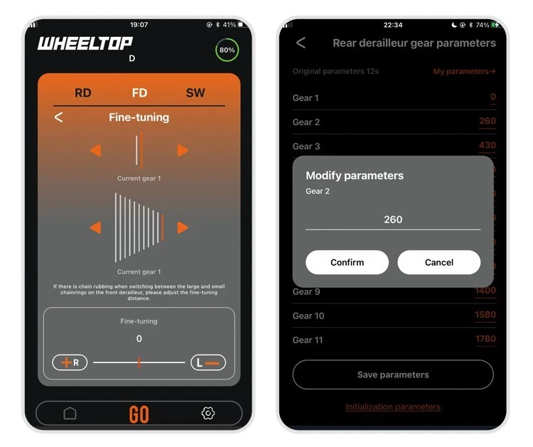 WHEELTOP app gear fine-tuning screen