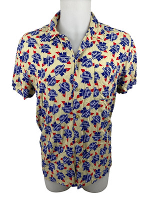 Pabst Blue Ribbon Men Large Button Front Shirt PBR Logo All Over Beer Bar
