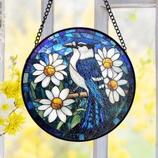 Blue Jay Stained Glass Suncatcher, Vibrant Bird and Daisy Window Decor Home Art