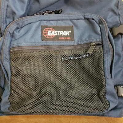 Vintage Eastpak USA Navy Blue Backpack 3 Pocket Leather Bottom 90s