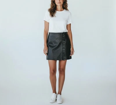Sandro Jupe Femmes XS Agneau Cuir Mini Drapé Ruche Doublé Noir Boutons Pression - Photo 1/4