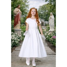 NEW Girls First Holy Communion Dress Size 8 -Satin Silver Corded Trim Tea-Length