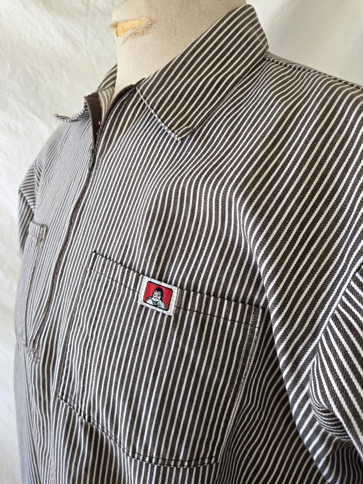 Vintage Ben Davis Brown Hickory Work Shirt L 1/4 Zip Made in USA Talon Zipper