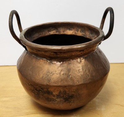 Antique Hand Hammered Copper Pot Cauldron 2 Handle Farmhouse Hearth Kettle 7.5x6