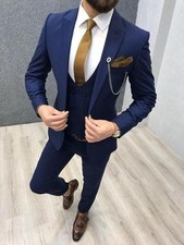 Men Blue 3 Piece Suit Wedding Dinner Party Wear Suits Coat Vest Pant 