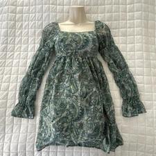 JOLT Dress Womens XXS Green Paisley Chiffon Mini Milkmaid Babydoll Retro Fairy