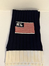 Vintage Polo by Ralph Lauren Navy Blue  Cream USA Flag Knit Scarf 64  